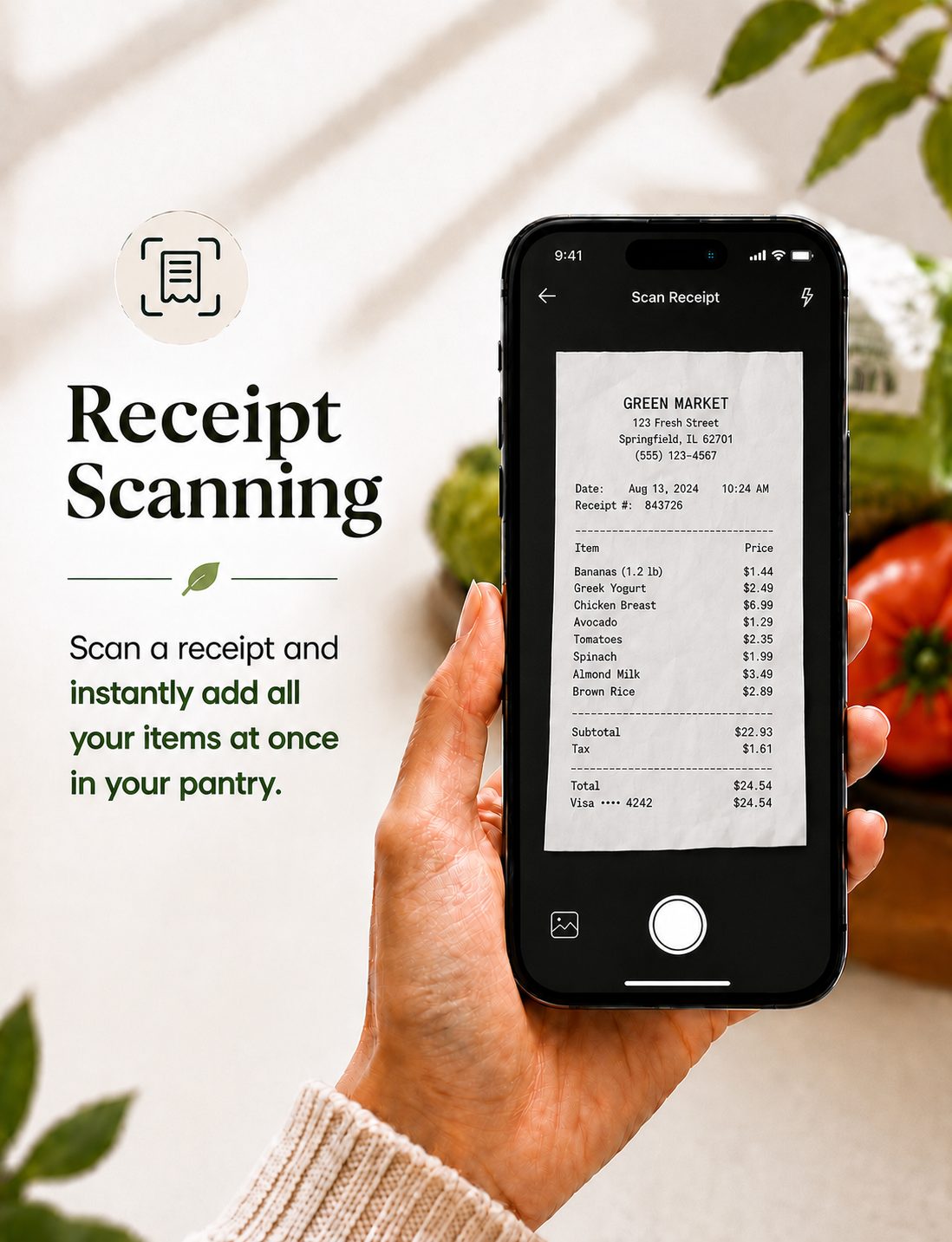 Geblom scanning a grocery receipt with the camera